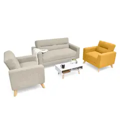 MICA - Juego de Sala Moderno en Tela (Sofá + 2 Poltronas + Mesa de Centro) Mostaza-Taupe Seúl