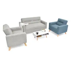 MICA - Juego de Sala Moderno en Tela (Sofá + 2 Poltronas + Mesa de Centro) Índigo-Plata Seúl