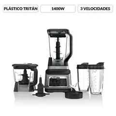 NINJA - Licuadora Profesional BN801 +2 Vasos Personales +Vaso Procesador de Alimentos | 3 Velocidades | 5 Programas Predeterminados Auto IQ para Batidos, Bebidas Congeladas, Extracciones de Frutas, Mezcla de Masas y Picatodo