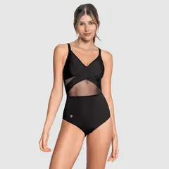 LEONISA - Vestido de baño enterizo de control suave en abdomen y drapeado en escote
