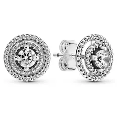 PANDORA - Aretes Botón Doble Halo Brillante con doble opción Plata Esterlina