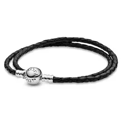 PANDORA - Brazalete Doble Cuero negro En Plata Esterlina