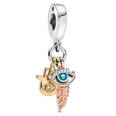 PANDORA - Charm Espiritualidad Mano de Hamsa, Ojo que Todo lo Ve y Pluma Plata Esterlina Plata Esterlina y Recubrimiento en Oro