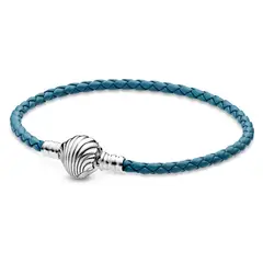 PANDORA - Brazalete Moments en Cuero Trenzado Turquesa Cierre de Concha Plata Esterlina y Cuero