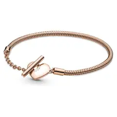 PANDORA - Brazalete Moments Cadena de Serpiente con cierre en T y Corazón Recubrimiento en Oro Rosa