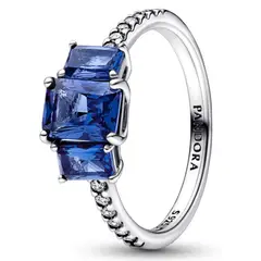 PANDORA - Anillo Brillante Tres Gemas Azules Plata Esterlina