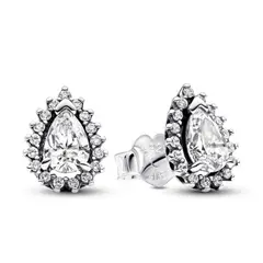 PANDORA - Aretes Botón Halo Brillante Corte Pera Plata Esterlina