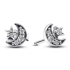 PANDORA - Aretes Botón Luna y Estrella Brillantes Plata Esterlina