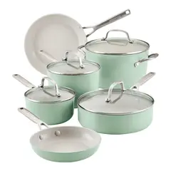 KITCHENAID - Juego de ollas Kitchenaid: Antiadherente Cerámico, Aluminio Anodizado. Bateria Acero 10 piezas Verde Pistachio