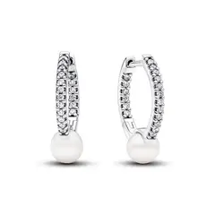 PANDORA - Aretes Pandora Aro Perla Cultivada de Agua Dulce y Pavé Plata Esterlina