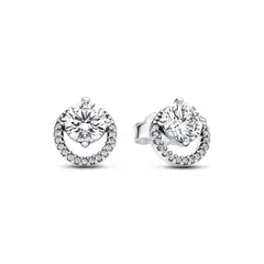 PANDORA - Aretes Botón Halo Redondo Brillante Plata Esterlina