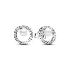 PANDORA - Aretes botón Perla Cultivada de Agua Dulce y Halo Pavé Plata Esterlina