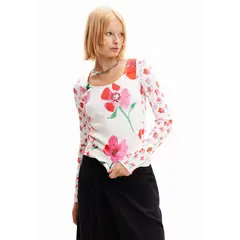 DESIGUAL - Camiseta Mujer con Flores Manga larga de Algodón