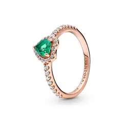 PANDORA - Anillo Corazón Brillante Elevado Verde Recubrimiento en Oro Rosa