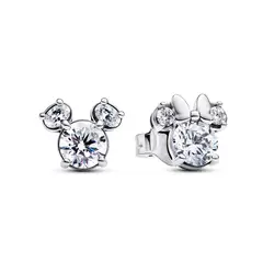 PANDORA - Aretes Botón Mickey y Minnie Mouse Brillantes de Disney Plata Esterlina