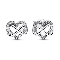PANDORA - Aretes Botón Corazón Infinito Brillante Plata Esterlina