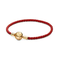 PANDORA - Brazalete Piel Trenzada Roja Recubrimiento en Oro