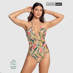 LEONISA - Vestido de baño Enterizo anudable al cuello elaborado con pet reciclado