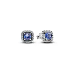 PANDORA - Aretes Botón Halo Azul Cuadrado Brillante Plata Esterlina