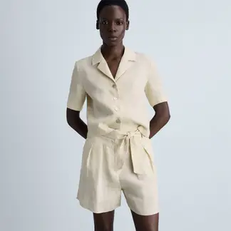 MANGO - Short Mujer Tiro medio Anudada de Lino