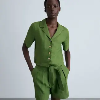 MANGO - Short Mujer Tiro medio Anudada de Lino