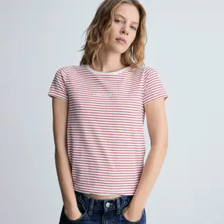 MANGO - Camiseta Mujer de Rayas Manga corta de Algodón