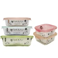 KW - Set x5 Contenedores Refractarios (3 Cont Rectangulares 370, 640 Y 1,050 Y 2 Cont Cuadrados 520 ml y 800 ml)