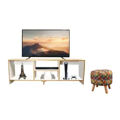DKO DESIGN - Combo de Entretenimiento Mesa TV Eco Plus (50x150x30) Blanco Fresno + Puff Redondo Colors