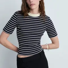 MANGO - Camiseta Mujer de Rayas Manga corta de Algodón
