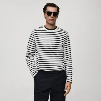MANGO - Camiseta Hombre Manga larga de Rayas de Algodón