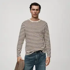 MANGO - Camiseta Hombre Manga larga de Rayas de Algodón