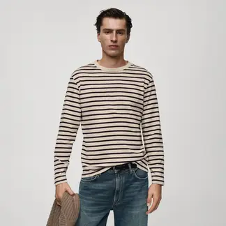 MANGO - Camiseta Hombre Manga larga de Rayas de Algodón