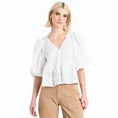 BASEMENT - Blusa Mujer Ojalillo Manga 3/4 de Algodón