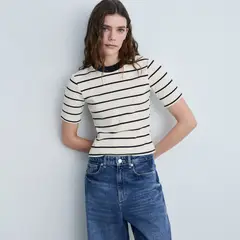 MANGO - Camiseta Mujer de Rayas Manga corta de Algodón