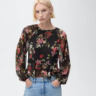 MANGO - Blusa Mujer de Flores Manga larga globo