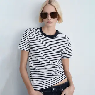 MANGO - Camiseta Mujer de Rayas Manga corta de Algodón
