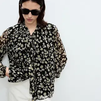 MANGO - Blusa Mujer de Flores Manga larga globo