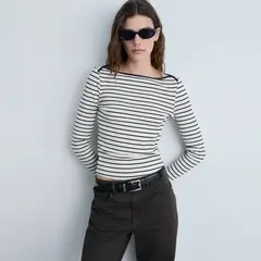MANGO - Camiseta Mujer de Rayas Manga larga de Algodón