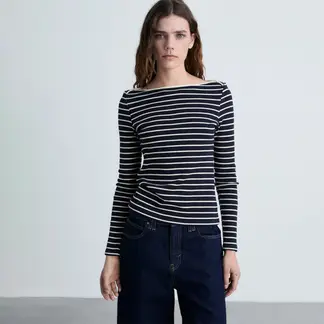MANGO - Camiseta Mujer de Rayas Manga larga de Algodón