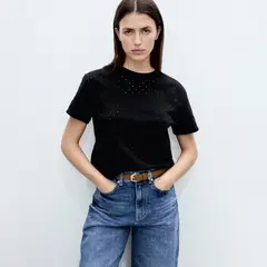 MANGO - Camiseta Mujer con Ojalillo Manga corta de Algodón