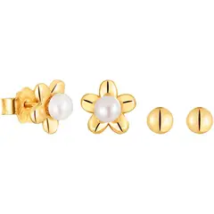 TOUS - Pack de aretes con baño de oro 18 kt sobre plata motivo flor y perlas cultivadas Virtual Garden