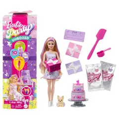 BARBIE - Party Unboxed Muñeca Fiesta de Mascotas Sorpresa con 10 Regalos, Accesorios, Decoración y Muñeca de Cumpleaños, Para Niñas de 3 Años en Adelante