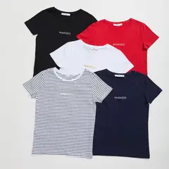 MANGO - Camiseta Mujer de Rayas Manga corta de Algodón