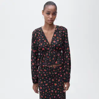 MANGO - Blusa Mujer con Estampado Manga larga globo