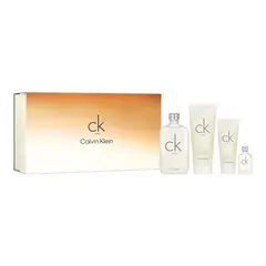 CALVIN KLEIN - Set de Perfume Unisex CK One 200ml (6.7oz) Eau de Toilette - CK One 200ml (6.7oz) Body Lotion - CK One 100ml (3.3oz) Body Wash - CK One 15ml (0.5oz) Eau de Toilette