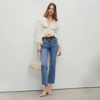 MANGO - Jean Flare Mujer Tiro medio de Algodón
