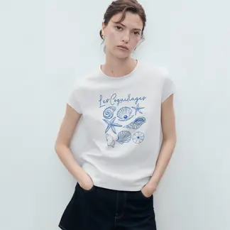 MANGO - Camiseta Mujer con Estampado Manga corta de Algodón