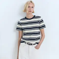 MANGO - Camiseta Mujer de Rayas Manga corta de Algodón