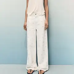 MANGO - Jean Wide leg Mujer Tiro medio con Bordado