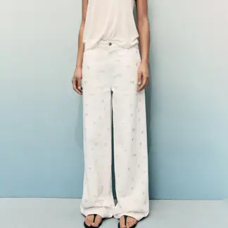 MANGO - Jean Wide leg Mujer Tiro medio con Bordado